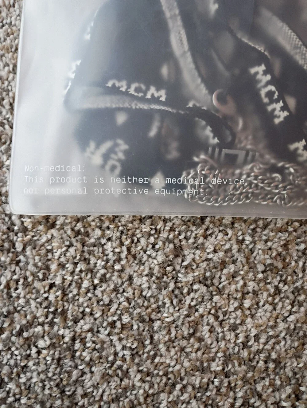 MCM Black and White Logo Face Mask with Silver Chain